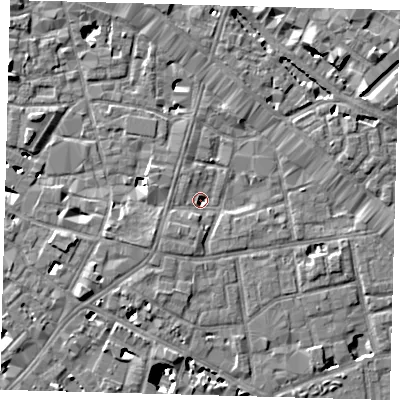 Shaded relief map of the ground around SE13DQ, computed from Environment Agency LiDAR. The ground here sits at about 2 m above sea level and falls 9 m across the surrounding 800 m. Surface water reaching this point runs off ground lying to the south-south-west, 3.6 m higher.