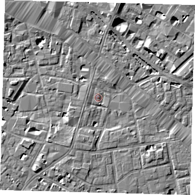 Shaded relief map of the ground around SE13DR, computed from Environment Agency LiDAR. The ground here sits at about 3 m above sea level and falls 8 m across the surrounding 800 m. Surface water reaching this point runs off ground lying to the south-south-west, 3.6 m higher.