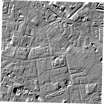 Shaded relief map of the ground around SE13DW, computed from Environment Agency LiDAR. The ground here sits at about 4 m above sea level and falls 9 m across the surrounding 800 m. Surface water reaching this point runs off ground lying to the west-south-west, 2.8 m higher.