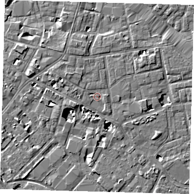 Shaded relief map of the ground around SE13DY, computed from Environment Agency LiDAR. The ground here sits at about 4 m above sea level and falls 8 m across the surrounding 800 m. Surface water reaching this point runs off ground lying to the north-west, 1.9 m higher.