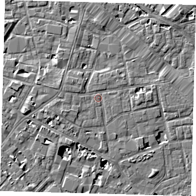 Shaded relief map of the ground around SE13EE, computed from Environment Agency LiDAR. The ground here sits at about 4 m above sea level and falls 8 m across the surrounding 800 m. Surface water reaching this point runs off ground lying to the west-south-west, 1.5 m higher.