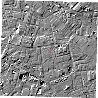 Shaded relief map of the ground around SE13EF, computed from Environment Agency LiDAR. The ground here sits at about 4 m above sea level and falls 8 m across the surrounding 800 m. Surface water reaching this point runs off ground lying to the west-south-west, 1.7 m higher.