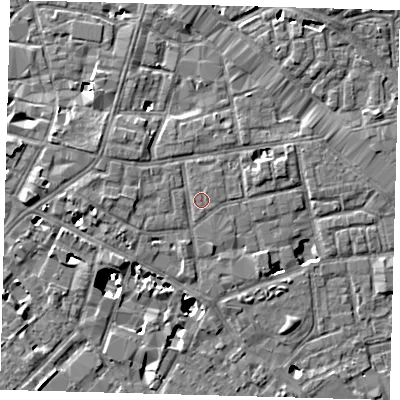 Shaded relief map of the ground around SE13EG, computed from Environment Agency LiDAR. The ground here sits at about 4 m above sea level and falls 8 m across the surrounding 800 m. Surface water reaching this point runs off ground lying to the west-south-west, 0.7 m higher.