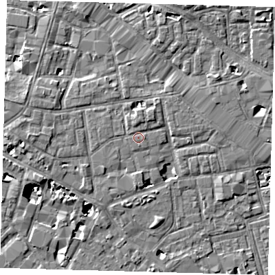 Shaded relief map of the ground around SE13EH, computed from Environment Agency LiDAR. The ground here sits at about 4 m above sea level and falls 8 m across the surrounding 800 m. Surface water reaching this point runs off ground lying to the east, 0.5 m higher.