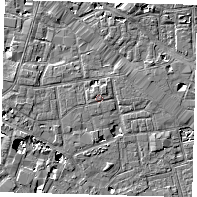 Shaded relief map of the ground around SE13EL, computed from Environment Agency LiDAR. The ground here sits at about 4 m above sea level and falls 8 m across the surrounding 800 m. Surface water reaching this point runs off ground lying to the north-north-west, 1.1 m higher.