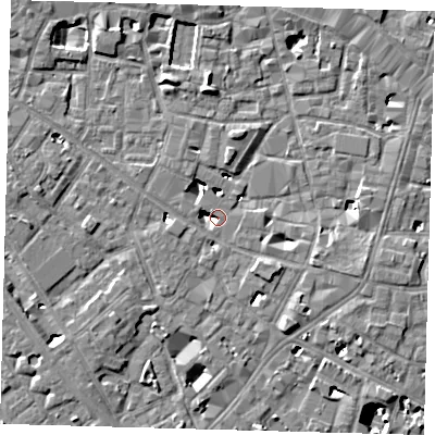 Shaded relief map of the ground around SE13EN, computed from Environment Agency LiDAR. The ground here sits at about 3 m above sea level and falls 9 m across the surrounding 800 m. Surface water reaching this point runs off ground lying to the south-east, 5.0 m higher.