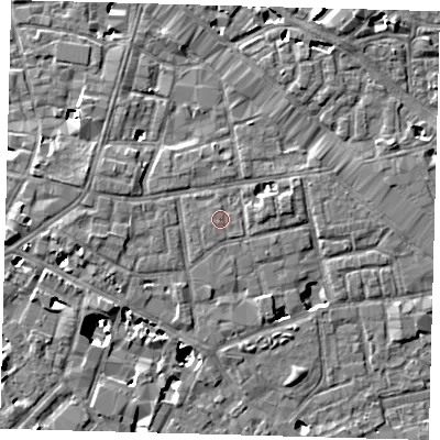 Shaded relief map of the ground around SE13EQ, computed from Environment Agency LiDAR. The ground here sits at about 4 m above sea level and falls 8 m across the surrounding 800 m. The ground contributing surface water to this point lies to the south-west.