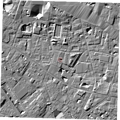 Shaded relief map of the ground around SE13ER, computed from Environment Agency LiDAR. The ground here sits at about 3 m above sea level and falls 6 m across the surrounding 800 m. Surface water reaching this point runs off ground lying to the north, 1.6 m higher.