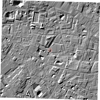 Shaded relief map of the ground around SE13ES, computed from Environment Agency LiDAR. The ground here sits at about 3 m above sea level and falls 6 m across the surrounding 800 m. Surface water reaching this point runs off ground lying to the north-north-west, 4.6 m higher.