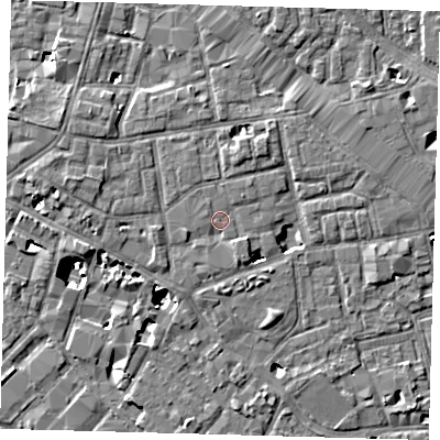 Shaded relief map of the ground around SE13EW, computed from Environment Agency LiDAR. The ground here sits at about 3 m above sea level and falls 8 m across the surrounding 800 m. Surface water reaching this point runs off ground lying to the south-south-east, 1.2 m higher.