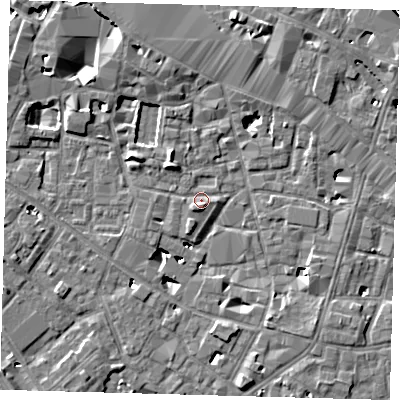 Shaded relief map of the ground around SE13FB, computed from Environment Agency LiDAR. The ground here sits at about 3 m above sea level and falls 7 m across the surrounding 800 m. Surface water reaching this point runs off ground lying to the south-west, 2.2 m higher.