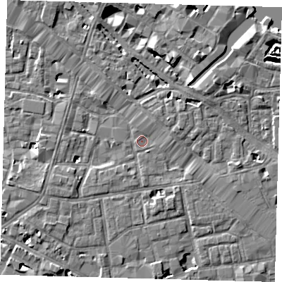 Shaded relief map of the ground around SE13FF, computed from Environment Agency LiDAR. The ground here sits at about 3 m above sea level and falls 6 m across the surrounding 800 m. Surface water reaching this point runs off ground lying to the south-west, 2.8 m higher.