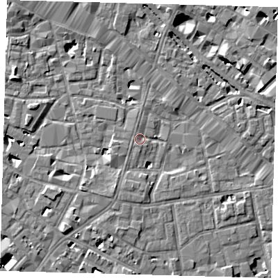 Shaded relief map of the ground around SE13FG, computed from Environment Agency LiDAR. The ground here sits at about 3 m above sea level and falls 7 m across the surrounding 800 m. Surface water reaching this point runs off ground lying to the south, 3.6 m higher.