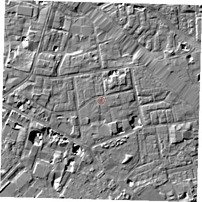 Shaded relief map of the ground around SE13FJ, computed from Environment Agency LiDAR. The ground here sits at about 3 m above sea level and falls 8 m across the surrounding 800 m. Surface water reaching this point runs off ground lying to the west-north-west, 0.6 m higher.