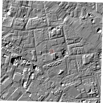 Shaded relief map of the ground around SE13FN, computed from Environment Agency LiDAR. The ground here sits at about 3 m above sea level and falls 8 m across the surrounding 800 m. Surface water reaching this point runs off ground lying to the east-south-east, 1.3 m higher.