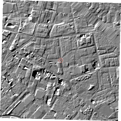Shaded relief map of the ground around SE13FP, computed from Environment Agency LiDAR. The ground here sits at about 4 m above sea level and falls 8 m across the surrounding 800 m. The ground contributing surface water to this point lies to the north-north-east.