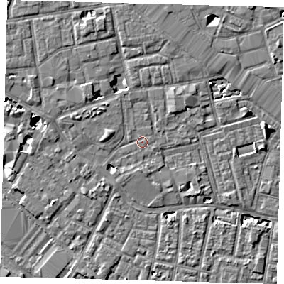 Shaded relief map of the ground around SE13FQ, computed from Environment Agency LiDAR. The ground here sits at about 3 m above sea level and falls 7 m across the surrounding 800 m. Surface water reaching this point runs off ground lying to the west-north-west, 4.3 m higher.