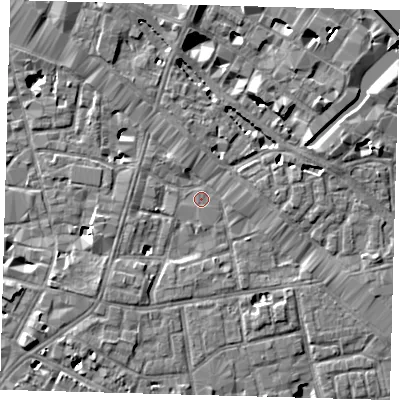 Shaded relief map of the ground around SE13FU, computed from Environment Agency LiDAR. The ground here sits at about 3 m above sea level and falls 8 m across the surrounding 800 m. Surface water reaching this point runs off ground lying to the north, 6.1 m higher.