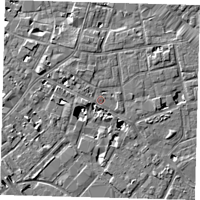 Shaded relief map of the ground around SE13FW, computed from Environment Agency LiDAR. The ground here sits at about 4 m above sea level and falls 8 m across the surrounding 800 m. Surface water reaching this point runs off ground lying to the north-north-west, 1.9 m higher.