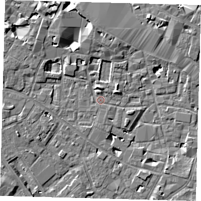 Shaded relief map of the ground around SE13FZ, computed from Environment Agency LiDAR. The ground here sits at about 3 m above sea level and falls 9 m across the surrounding 800 m. Surface water reaching this point runs off ground lying to the north-north-west, 1.7 m higher.
