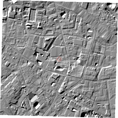 Shaded relief map of the ground around SE13GA, computed from Environment Agency LiDAR. The ground here sits at about 3 m above sea level and falls 9 m across the surrounding 800 m. Surface water reaching this point runs off ground lying to the east-south-east, 3.8 m higher.