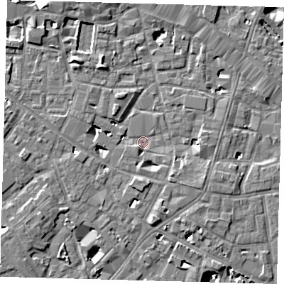 Shaded relief map of the ground around SE13GB, computed from Environment Agency LiDAR. The ground here sits at about 3 m above sea level and falls 9 m across the surrounding 800 m. Surface water reaching this point runs off ground lying to the north-north-west, 5.8 m higher.