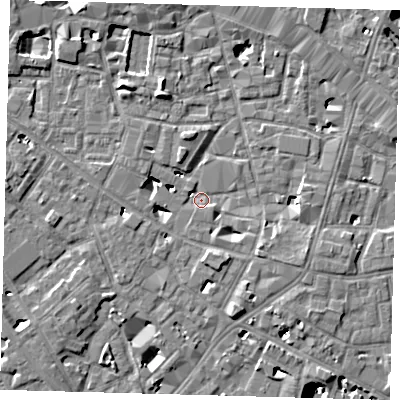 Shaded relief map of the ground around SE13GE, computed from Environment Agency LiDAR. The ground here sits at about 3 m above sea level and falls 9 m across the surrounding 800 m. Surface water reaching this point runs off ground lying to the north-north-west, 5.8 m higher.