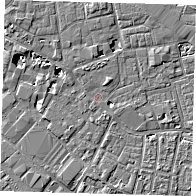 Shaded relief map of the ground around SE13GF, computed from Environment Agency LiDAR. The ground here sits at about 3 m above sea level and falls 8 m across the surrounding 800 m. Surface water reaching this point runs off ground lying to the north-north-east, 1.2 m higher.