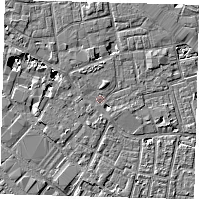 Shaded relief map of the ground around SE13GG, computed from Environment Agency LiDAR. The ground here sits at about 3 m above sea level and falls 8 m across the surrounding 800 m. Surface water reaching this point runs off ground lying to the north-north-east, 1.2 m higher.