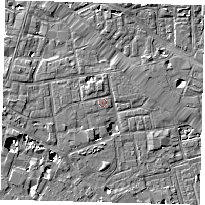 Shaded relief map of the ground around SE13GJ, computed from Environment Agency LiDAR. The ground here sits at about 3 m above sea level and falls 8 m across the surrounding 800 m. Surface water reaching this point runs off ground lying to the north-west, 1.2 m higher.