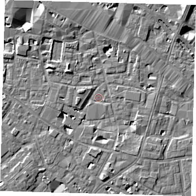 Shaded relief map of the ground around SE13GL, computed from Environment Agency LiDAR. The ground here sits at about 3 m above sea level and falls 8 m across the surrounding 800 m. Surface water reaching this point runs off ground lying to the west, 4.6 m higher.