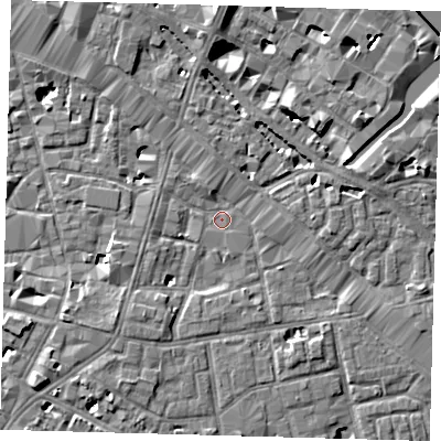 Shaded relief map of the ground around SE13GN, computed from Environment Agency LiDAR. The ground here sits at about 3 m above sea level and falls 8 m across the surrounding 800 m. Surface water reaching this point runs off ground lying to the north, 6.3 m higher.