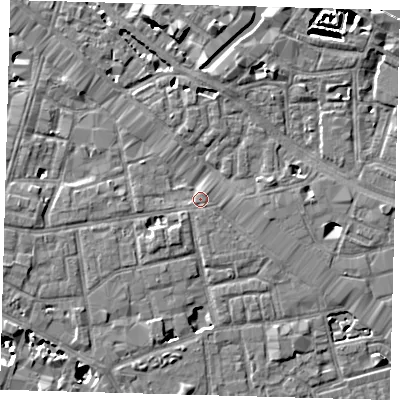 Shaded relief map of the ground around SE13GR, computed from Environment Agency LiDAR. The ground here sits at about 4 m above sea level and falls 9 m across the surrounding 800 m. Surface water reaching this point runs off ground lying to the east-north-east, 1.7 m higher.