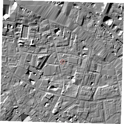 Shaded relief map of the ground around SE13GS, computed from Environment Agency LiDAR. The ground here sits at about 3 m above sea level and falls 8 m across the surrounding 800 m. Surface water reaching this point runs off ground lying to the north-east, 8.2 m higher.