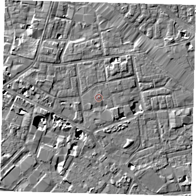 Shaded relief map of the ground around SE13GT, computed from Environment Agency LiDAR. The ground here sits at about 4 m above sea level and falls 8 m across the surrounding 800 m. Surface water reaching this point runs off ground lying to the north-north-west, 0.6 m higher.