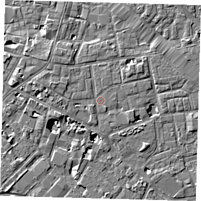 Shaded relief map of the ground around SE13GU, computed from Environment Agency LiDAR. The ground here sits at about 4 m above sea level and falls 8 m across the surrounding 800 m. The ground contributing surface water to this point lies to the north.