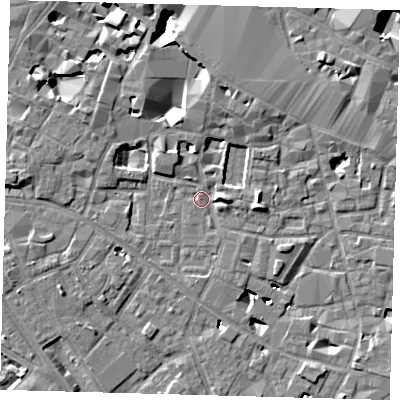 Shaded relief map of the ground around SE13GX, computed from Environment Agency LiDAR. The ground here sits at about 3 m above sea level and falls 10 m across the surrounding 800 m. Surface water reaching this point runs off ground lying to the east, 4.5 m higher.
