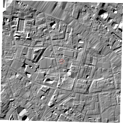 Shaded relief map of the ground around SE13HA, computed from Environment Agency LiDAR. The ground here sits at about 3 m above sea level and falls 7 m across the surrounding 800 m. Surface water reaching this point runs off ground lying to the south-south-east, 3.8 m higher.