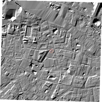 Shaded relief map of the ground around SE13HB, computed from Environment Agency LiDAR. The ground here sits at about 3 m above sea level and falls 12 m across the surrounding 800 m. Surface water reaching this point runs off ground lying to the west-south-west, 4.7 m higher.