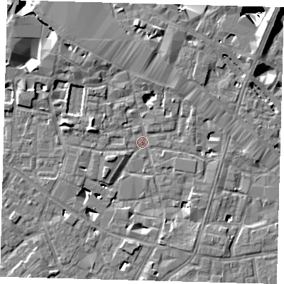Shaded relief map of the ground around SE13HD, computed from Environment Agency LiDAR. The ground here sits at about 2 m above sea level and falls 29 m across the surrounding 800 m. Surface water reaching this point runs off ground lying to the west-south-west, 4.7 m higher.
