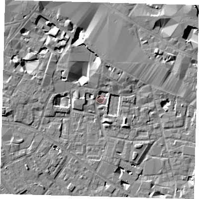Shaded relief map of the ground around SE13HJ, computed from Environment Agency LiDAR. The ground here sits at about 3 m above sea level and falls 12 m across the surrounding 800 m. Surface water reaching this point runs off ground lying to the west, 3.5 m higher.