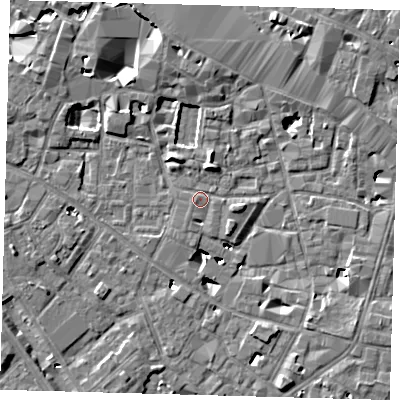 Shaded relief map of the ground around SE13HN, computed from Environment Agency LiDAR. The ground here sits at about 4 m above sea level and falls 6 m across the surrounding 800 m. Surface water reaching this point runs off ground lying to the west-south-west, 0.6 m higher.