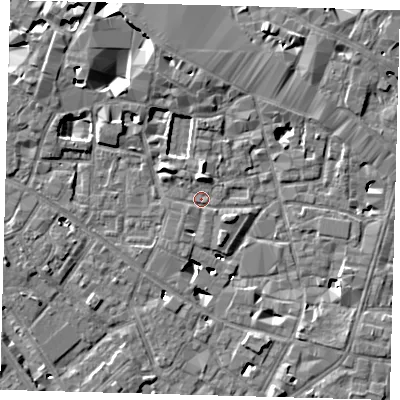 Shaded relief map of the ground around SE13HP, computed from Environment Agency LiDAR. The ground here sits at about 3 m above sea level and falls 9 m across the surrounding 800 m. Surface water reaching this point runs off ground lying to the north-north-west, 0.8 m higher.