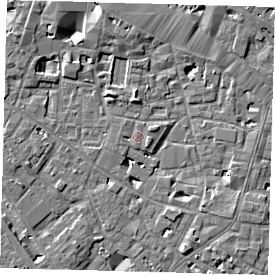 Shaded relief map of the ground around SE13HS, computed from Environment Agency LiDAR. The ground here sits at about 4 m above sea level and falls 6 m across the surrounding 800 m. Surface water reaching this point runs off ground lying to the north-west, 1.6 m higher.
