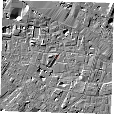 Shaded relief map of the ground around SE13HT, computed from Environment Agency LiDAR. The ground here sits at about 3 m above sea level and falls 9 m across the surrounding 800 m. Surface water reaching this point runs off ground lying to the west, 4.7 m higher.