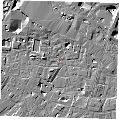 Shaded relief map of the ground around SE13HX, computed from Environment Agency LiDAR. The ground here sits at about 2 m above sea level and falls 28 m across the surrounding 800 m. Surface water reaching this point runs off ground lying to the south-west, 4.7 m higher.