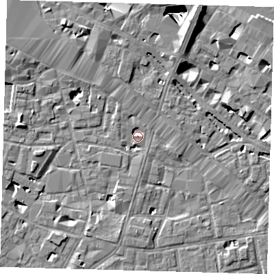 Shaded relief map of the ground around SE13JB, computed from Environment Agency LiDAR. The ground here sits at about 3 m above sea level and falls 29 m across the surrounding 800 m. Surface water reaching this point runs off ground lying to the north-north-east, 8.2 m higher.