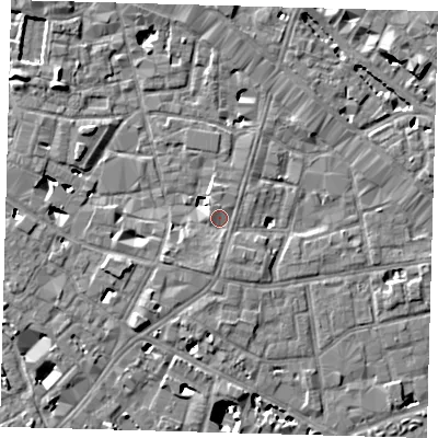 Shaded relief map of the ground around SE13JE, computed from Environment Agency LiDAR. The ground here sits at about 4 m above sea level and falls 9 m across the surrounding 800 m. Surface water reaching this point runs off ground lying to the south, 1.2 m higher.