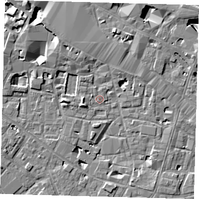 Shaded relief map of the ground around SE13JG, computed from Environment Agency LiDAR. The ground here sits at about 3 m above sea level and falls 26 m across the surrounding 800 m. Surface water reaching this point runs off ground lying to the west-south-west, 5.6 m higher.