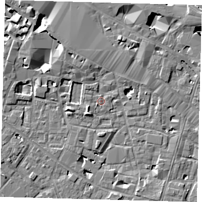 Shaded relief map of the ground around SE13JH, computed from Environment Agency LiDAR. The ground here sits at about 3 m above sea level and falls 26 m across the surrounding 800 m. Surface water reaching this point runs off ground lying to the south-west, 5.8 m higher.